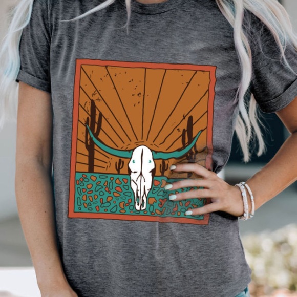 Grey Western Steer Skull Graphic Crew Neck Tee - Picture 3 of 3